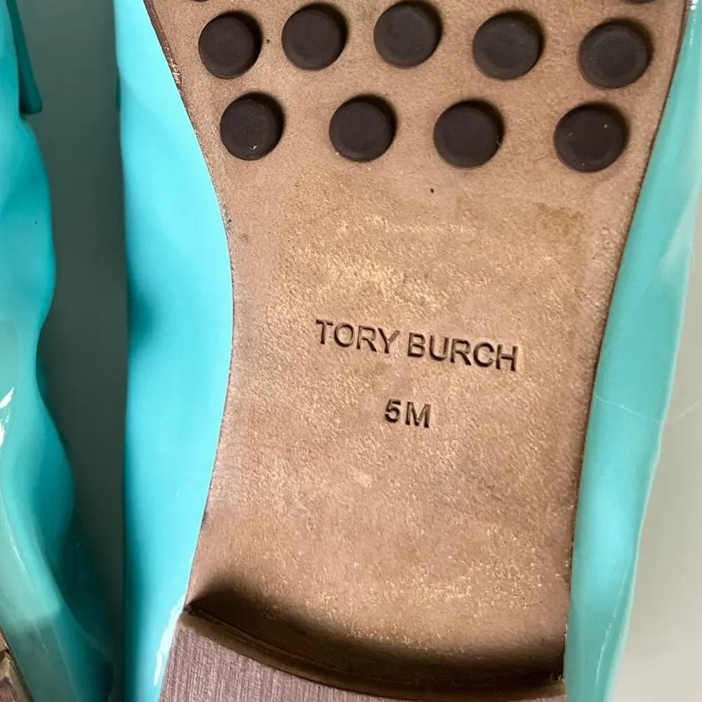 Tory Burch RARE Blue Silver Ballet Patent Leather Loafer Flat MistyAqua Spongy 5